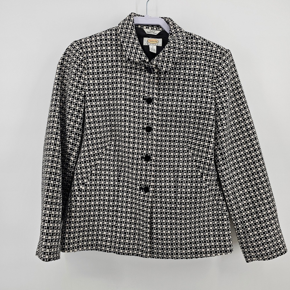 Talbots Jacket Women 8P Black White Italian Wool Geometric Button Front Blazer
